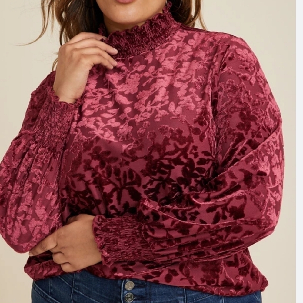 Plus Size Velvet Floral Burnout Mock Neck Top